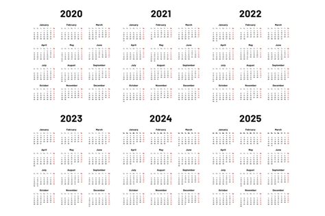 Calendar grid. 2020 2021 and 2022 yearly calendars. 2023, 2024 years o ...