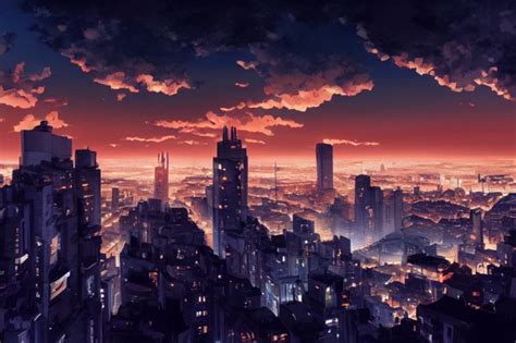 An Anime Peaceful Cityscape in the summer at sunrise, | Midjourney ...