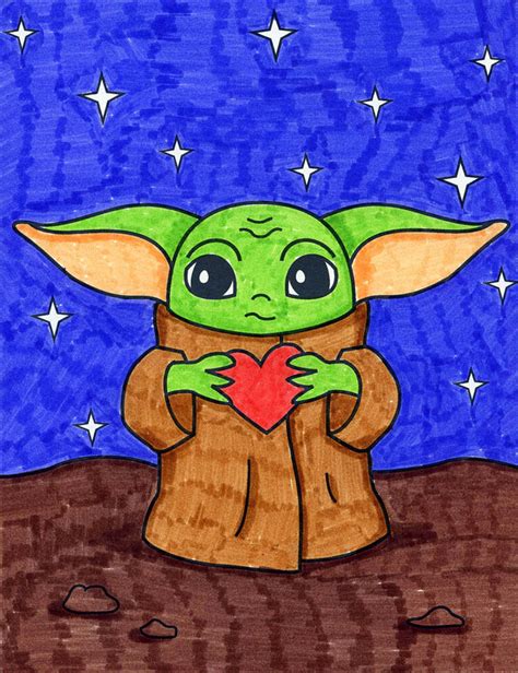 Easy How to Draw a Baby Yoda Valentine Tutorial and Coloring Page