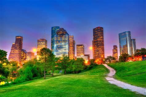 Houston Texas Modern Skyline at Sunset Twilight on Park Stock Photo - Image of financial, dusk ...