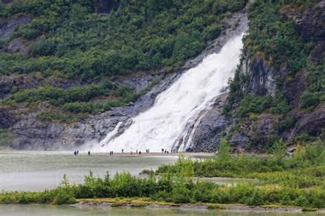 Nugget Falls Cascade, elevated view from Mendenhall Glacier Visitor Centre, Tongass National ...