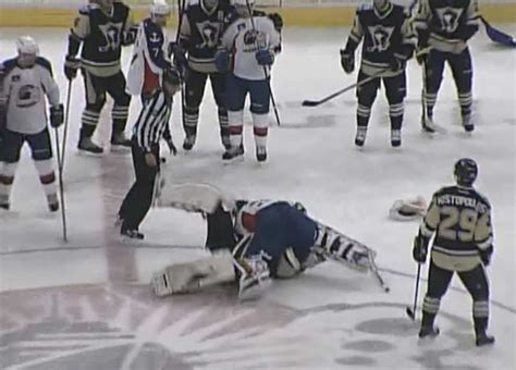 AHL Hockey Goalie Fight At Center Ice