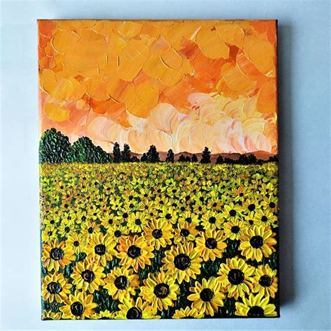 Acrylic Painting of a Sunset Landscape with Field Sunflower - Inspire Uplift