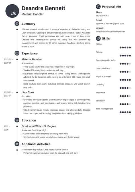 Material Handler Resume Sample and Job Description