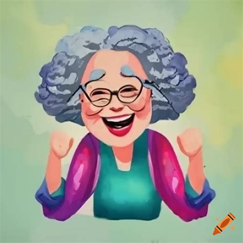 Detailed cartoon of a laughing grandma