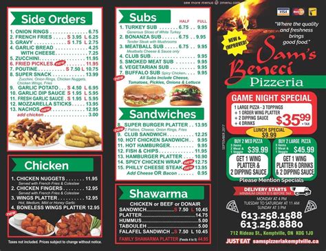 Menu at Sam`s Pizzeria, Kemptville