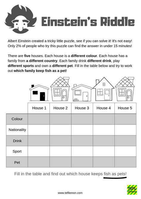 Albert Einstein's Riddle Has Been Turned Into A Fun Esl Lesson For - Printable Einstein Puzzles ...