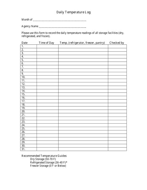 Daily Temperature Log Sheet - Refrigerator, Freezer, Pantry Download Printable PDF | Templateroller