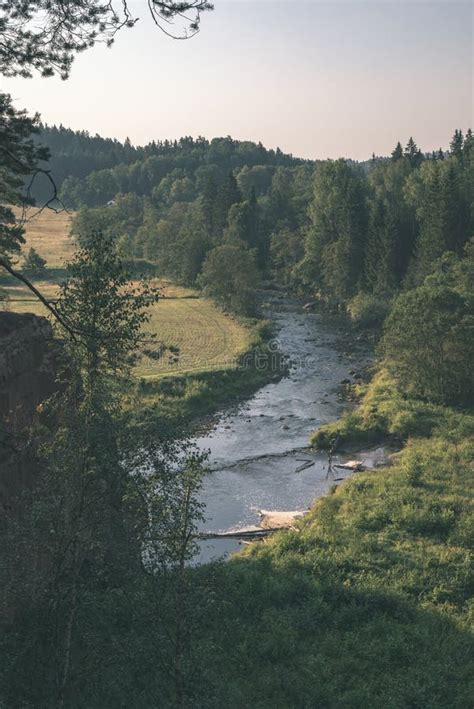 Water Stream in River of Amata in Latvia with Sandstone Cliffs, Green Foliage - Vintage Retro ...