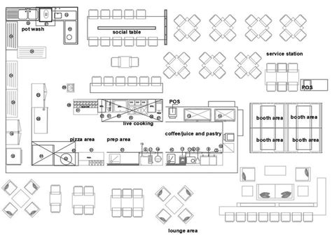 the cafe restaurant furniture layout plan CAD drawing shows live cooking, pizza area, coffe ...
