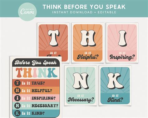 Think Before You Speak Editable Classroom Posters, Printable Canva ...