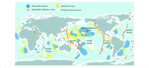 | A world map showing the location of the three main marine mineral ...