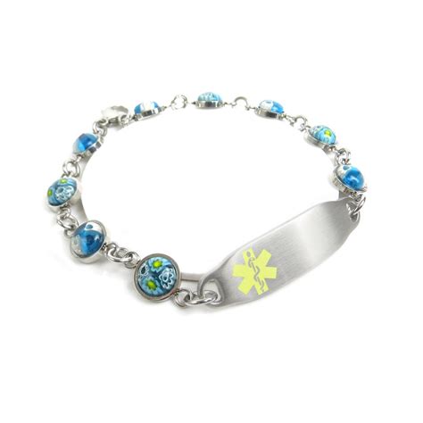 Womens Medical ID Bracelet Engraved Blue Round Glass Yellow