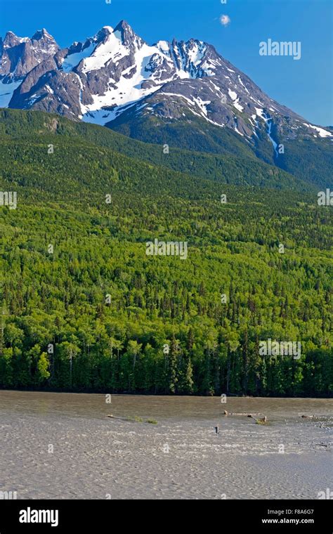 The Seven Sisters Mountain range and the Skeena river near Kitwanga, British Columbia Stock ...