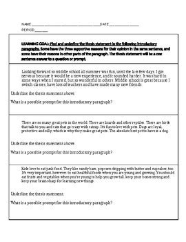 Identify The Thesis Statement Worksheet by Language Arts Aids | TPT