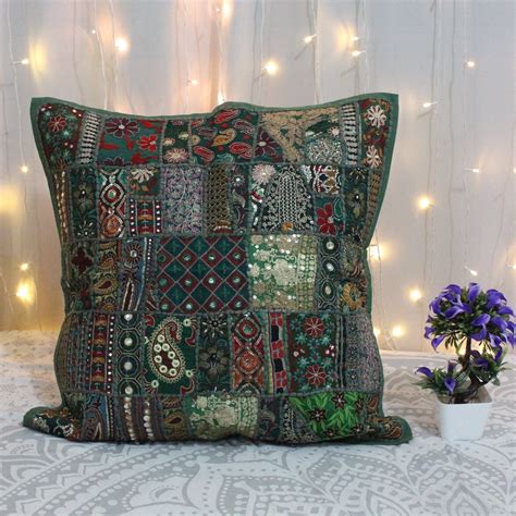 Green Bohemian Pillow Cover Decorative throw pillow Vintage | Etsy | Patchwork pillow, Throw ...