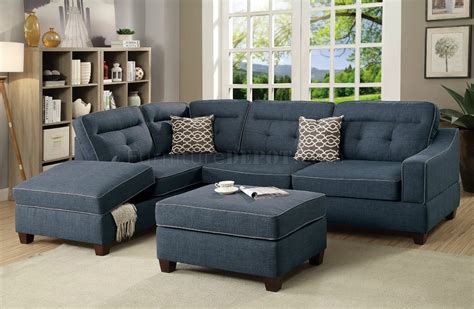 F6523 Sectional Sofa & Ottoman Set in Dark Blue Fabric by Boss