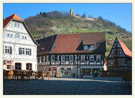 Heppenheim - Town hall square with Castle (Burg) Starkenburg above some ...