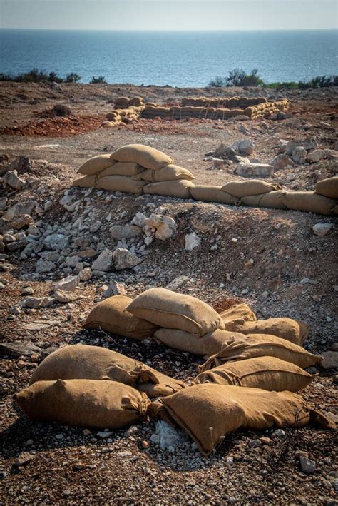 Military Rampart Fortification with Sandbags for War Defence on a Coast ...