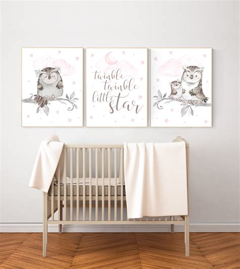 Owl print nursery, Pink nursery decor, Owl nursery wall art, baby girl ...