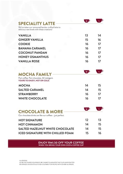 Costa Coffee Menu & Updated Prices Malaysia 2024