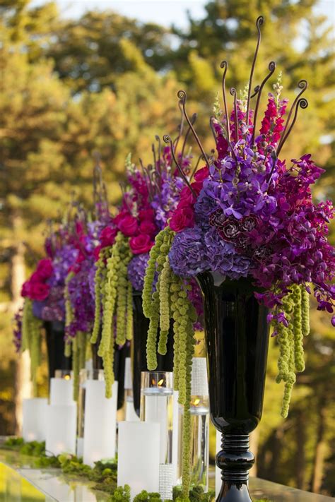 Ceremony Décor Photos - Purple Flower Arrangements - Inside Weddings