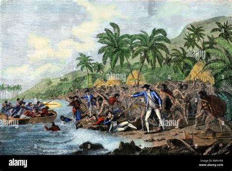 Death of English explorer Captain James Cook in the Sandwich Islands (Hawaii), 1779. Hand ...