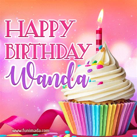 A GIF featuring the name Wanda, a decorated cupcake with a lit candle, and sprinkles. | Funimada.com