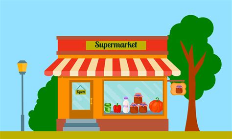 Cartoon supermarket facade of the building. Street view in flat style ...