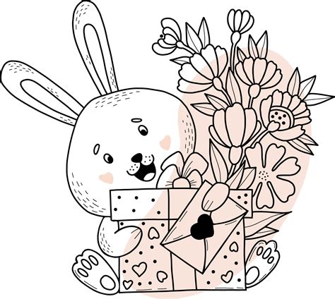 Cute bunny with bouquet of flowers, big gift and letter. Vector illustration. Postcard in style ...