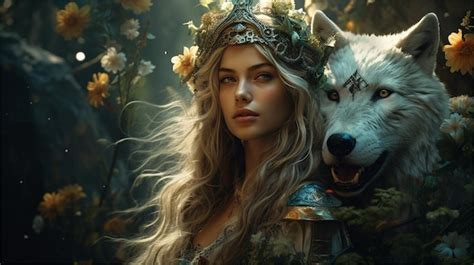 Premium AI Image | A woman with long hair and a wolf in a crown is ...