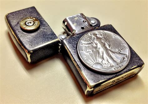 Custom Zippo: Features a distressed finish, genuine 1944 Walking Liberty Half Dollar, and a .308 ...