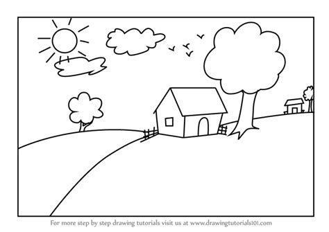 How to Draw a House Scenery for Kids - DrawingTutorials101.com Scenery Drawing For Kids, Drawing ...