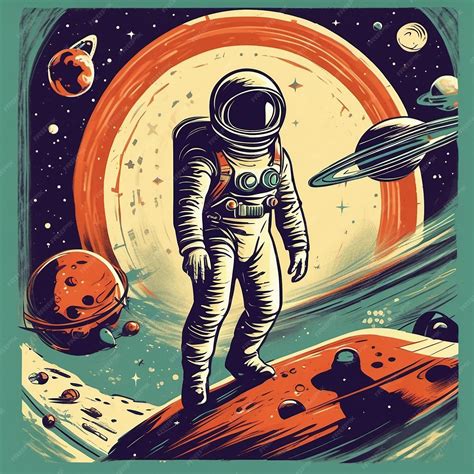 Premium AI Image | Retro illustration of astronaut in space next to several