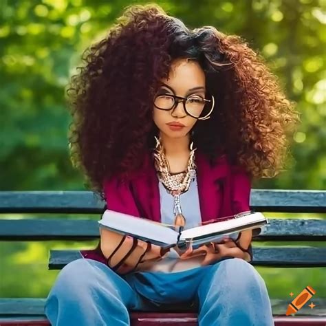 Woman with curly hair, glasses, and hoop earrings sitting on a park bench with a journal on Craiyon