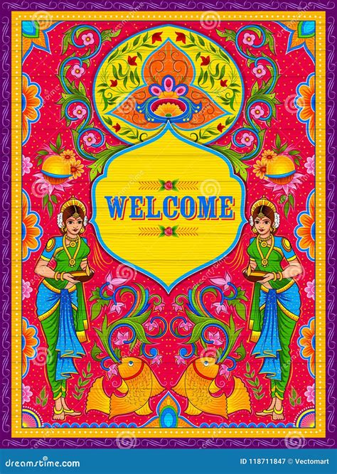 Colorful Welcome Banner in Truck Art Kitsch Style of India Stock Vector - Illustration of ...