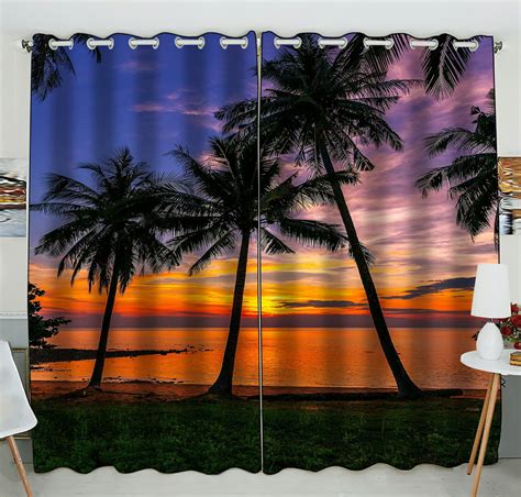 Phfzk Ocean Window Curtain, Sunset Tropical Beach Palm Tree Window Curtain Blackout Curtain For ...