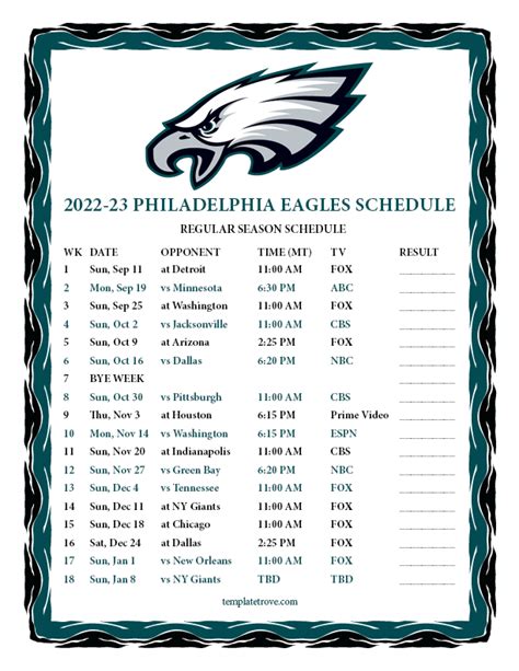 Printable 2022-2023 Philadelphia Eagles Schedule