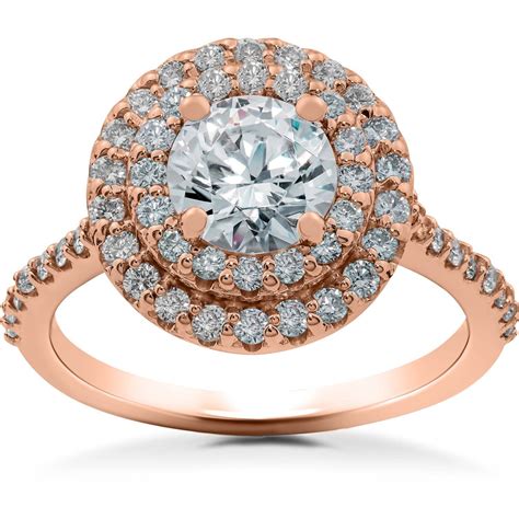 Rose Gold Diamond Engagement Ring 1 ct Double Halo Diamond Lab Created Engagement Ring 14k Rose Gold