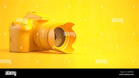 Yellow DSLR photo camera on yellow background. 3d illustration Stock Photo - Alamy