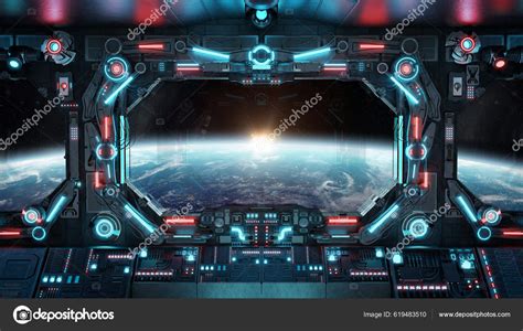 Dark Spaceship Interior Glowing Blue Red Lights Futuristic Spacecraft Large Stock Photo by ...