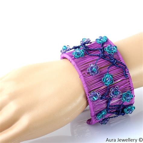 Lilac Turquoise Handcrafted Swarovski Crystal Wire Wrapped Floral Cuff Bangle | Floral cuff ...