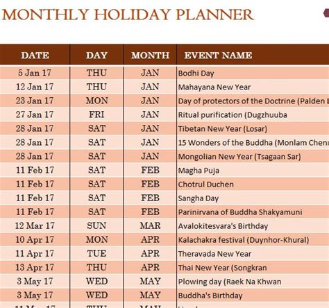 Buddhist Holiday Calendar - My Excel Templates