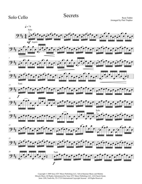 Secrets (arr. Paul Trapkus) by OneRepublic Sheet Music for Cello Solo at Sheet Music Direct