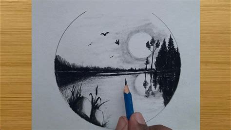 Easy Charcoal pencil nature scenery drawing / sunset scenery sketch ...