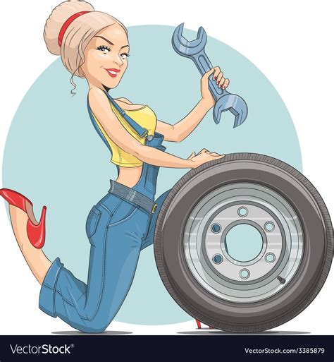 Beautiful girl mechanic with wheel. Eps10 vector illustration. Isolated on white background ...