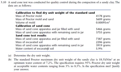 Solved 5.10 A sand cone test was conducted for quality | Chegg.com