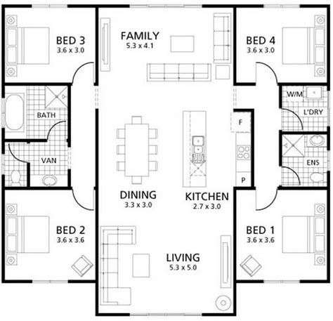 Minimalist Single Story House Plan With Four Bedrooms And Two Bathrooms - Cool House… | Single ...