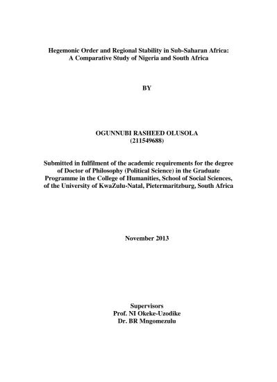 Hegemonic order and regional stability in Sub-Saharan Africa : a comparative study of Nigeria ...