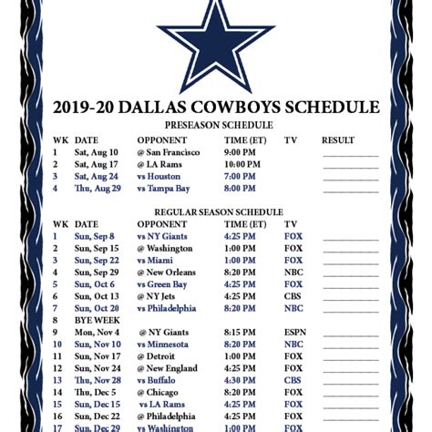 Dallas Cowboys Printable Schedule 2020 2020 | Dallas cowboys schedule ...